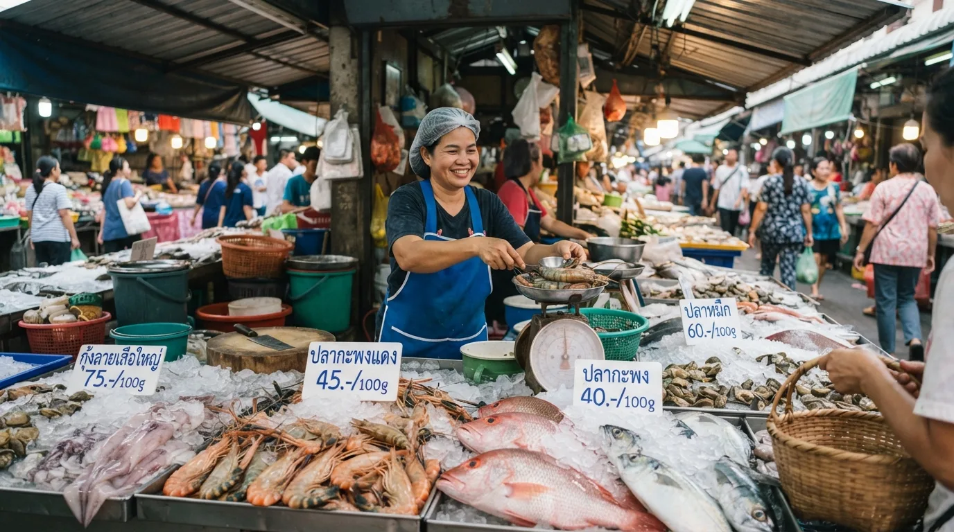 Морепродукты на рынке в Таиланде: цена указана за 100 граммов