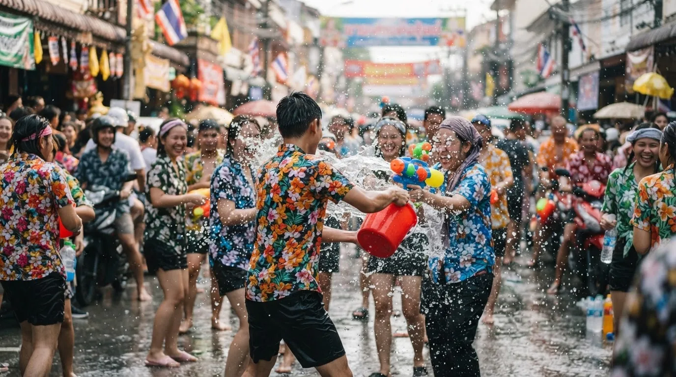 Водные бои на Сонгкран: люди с водяными пистолетами на улице тайского города