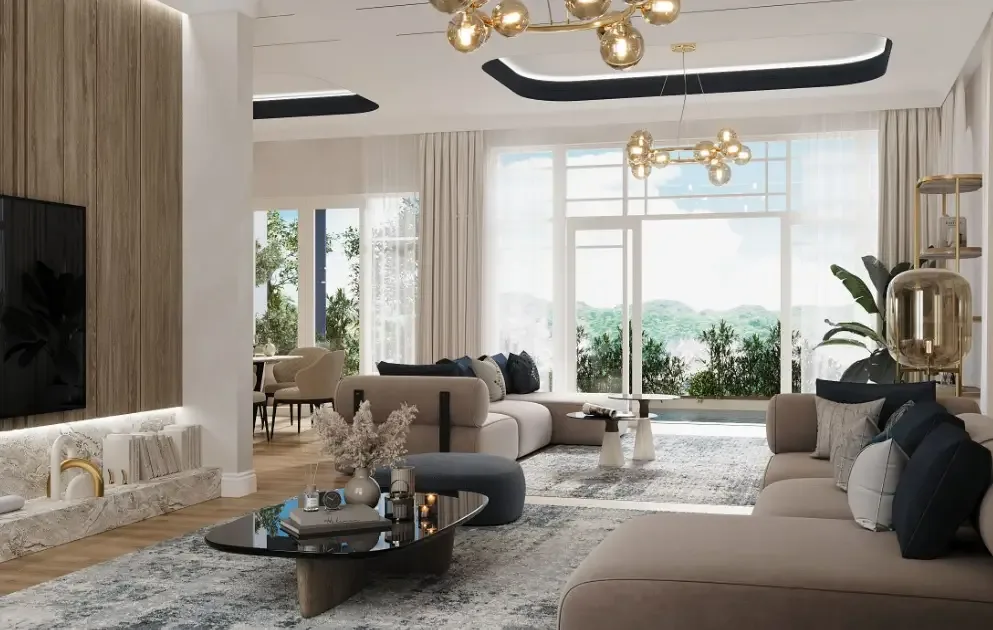Гостиная с высоким потолком, угловым диваном и выходом в сад в вилле Above Elements Villas, Банг-Тао