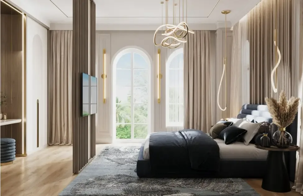 Мастер-спальня с арочным окном и дизайнерской люстрой в вилле Above Elements Villas, Пхукет