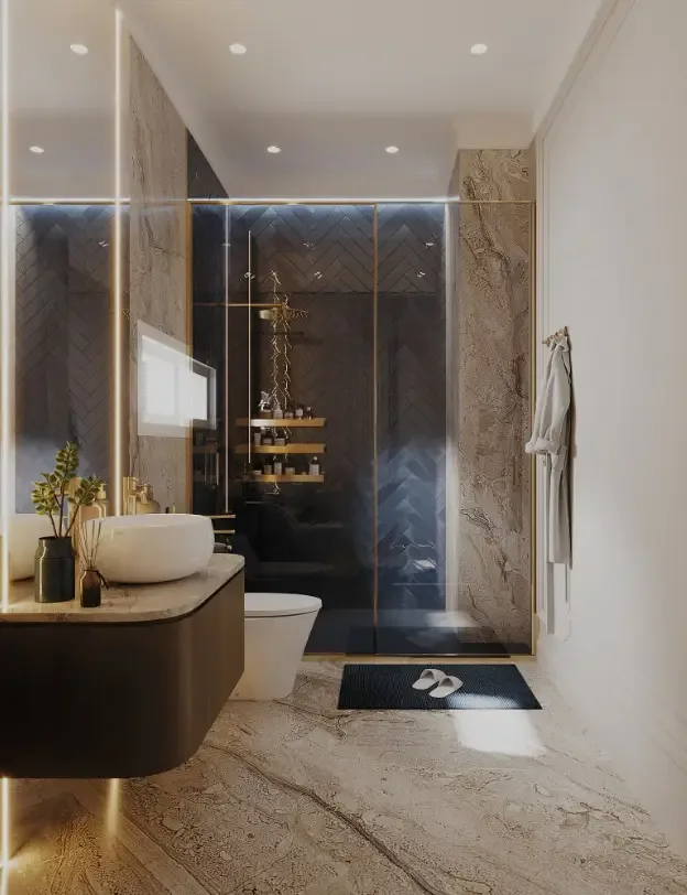 Ванная комната с мраморной отделкой и душевой зоной в вилле Above Elements Villas, Пхукет