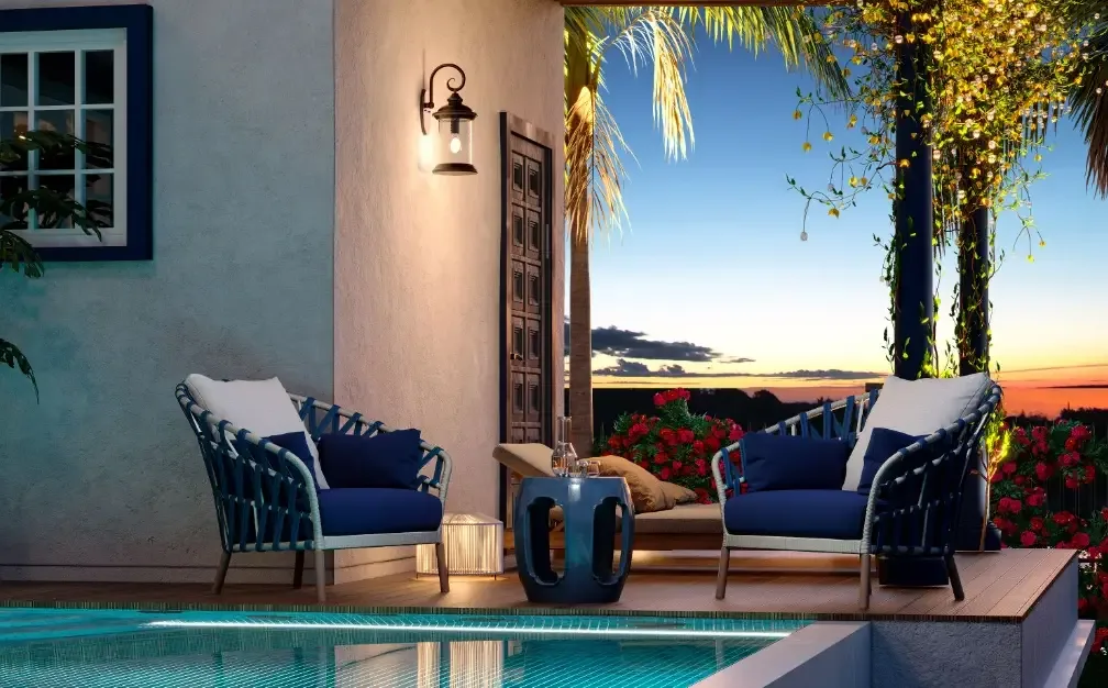 Терраса с креслами у личного бассейна на закате, вилла Above Elements Villas, Банг-Тао
