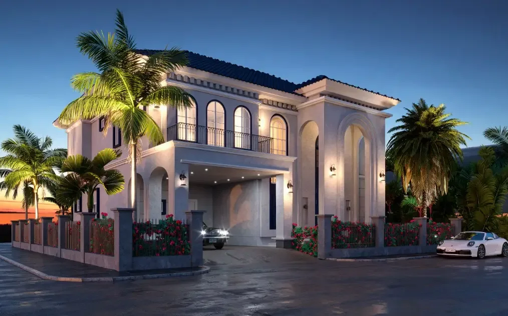 Вечерняя подсветка фасада и въезд на участок виллы Above Elements Villas, Банг-Тао, Пхукет