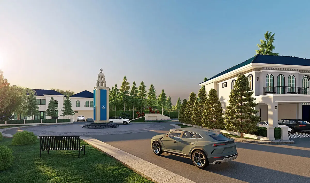 Внутренняя улица посёлка Above Elements Villas с рядом вилл и газонами, Банг-Тао, Пхукет