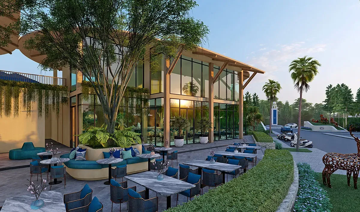 Общественная зона с лаунж-мебелью и навесами на территории Above Elements Villas, Банг-Тао, Пхукет