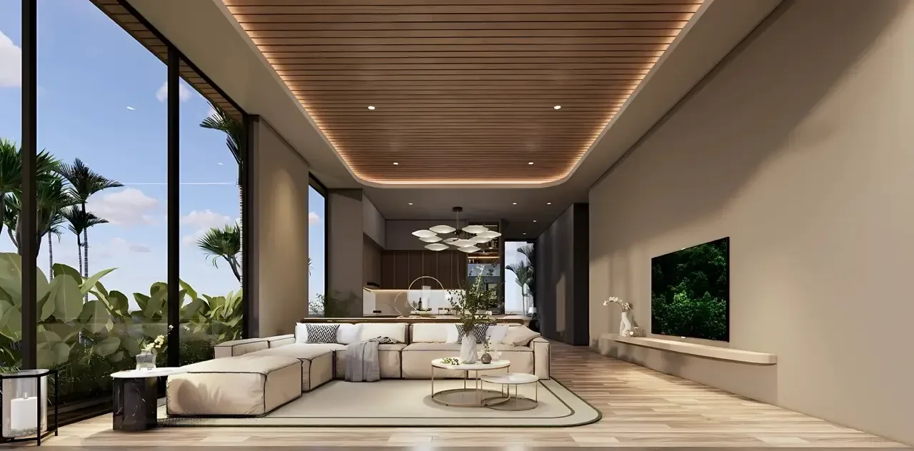 Гостиная с деревянным потолком и выходом в сад в вилле Aileen Villas Layan, Пхукет