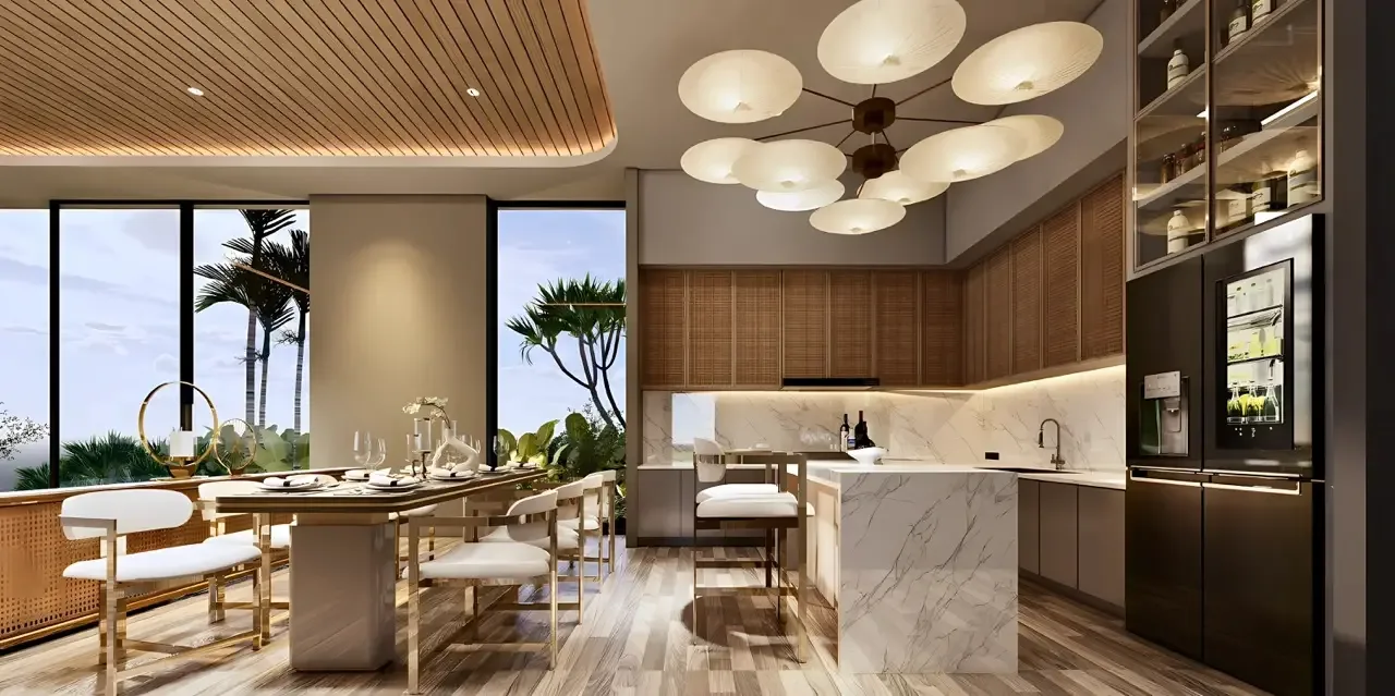 Кухня с островом и обеденной зоной в вилле посёлка Aileen Villas Layan, Пхукет
