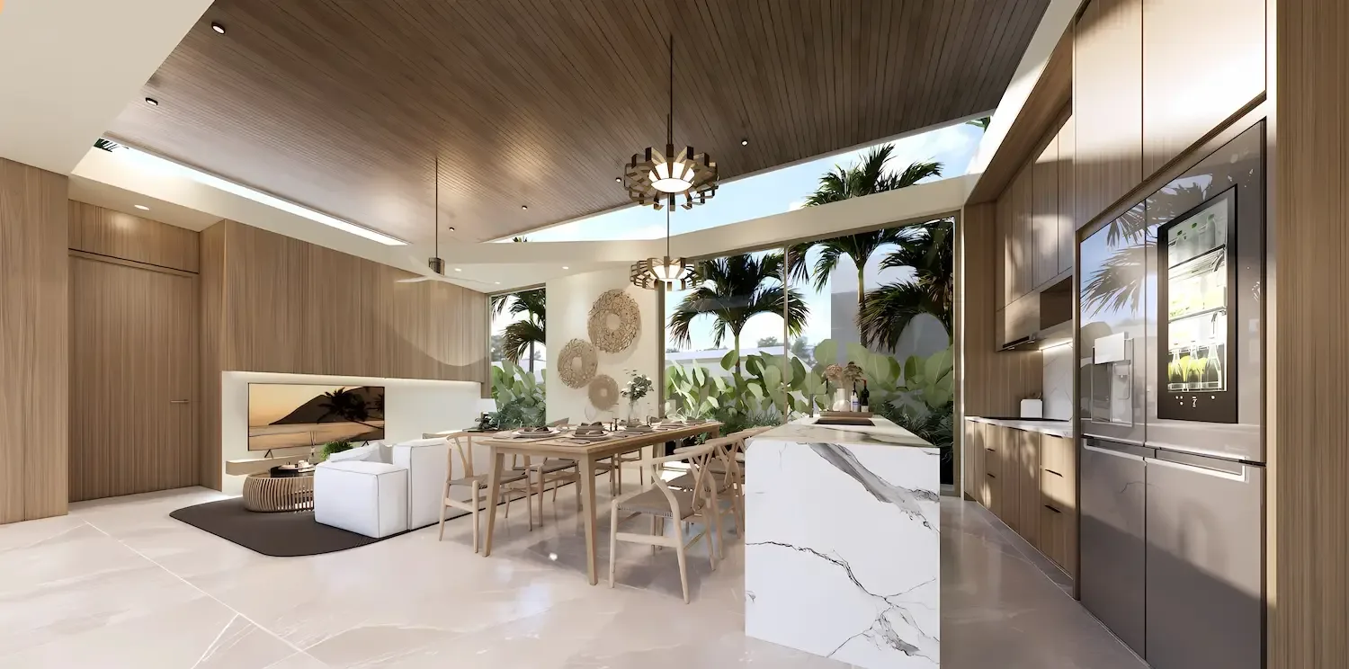 Кухня-гостиная виллы с мраморным островом и деревянным потолком, Aileen Villas Phase 6, Банг-Тао, Пхукет