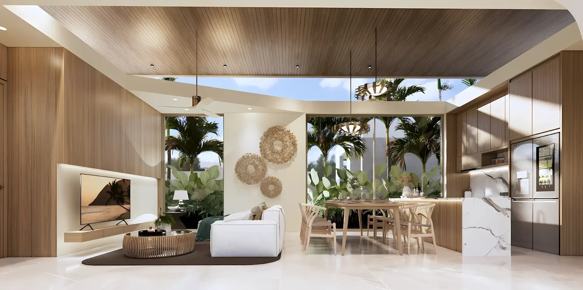 Гостиная и обеденная зона виллы с деревянной отделкой стен, Aileen Villas Phase 6, Банг-Тао, Пхукет