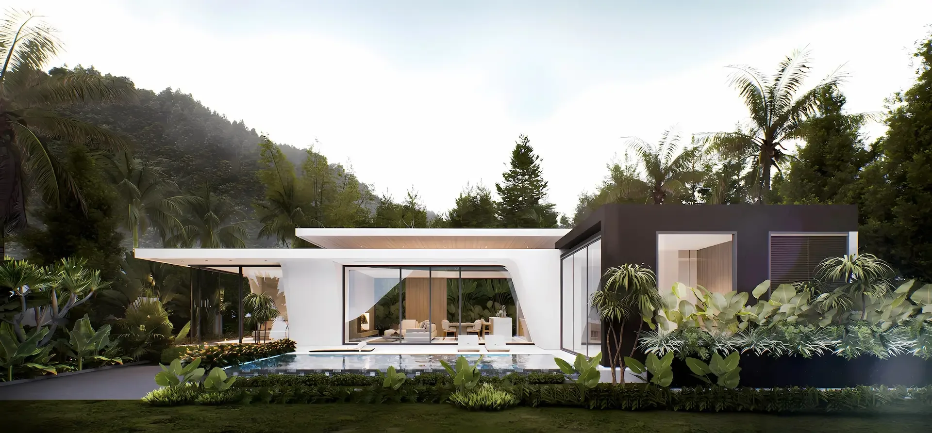 Фасад виллы с панорамным остеклением и лужайкой на фоне холмов, Aileen Villas Phase 6, Банг-Тао, Пхукет