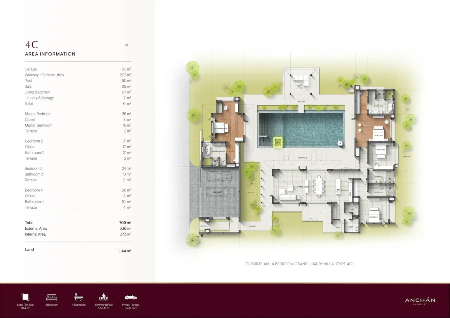 Планировка «4C — 4 спальни, дом 709 м², участок 1 144 м²», Anchan Burgundy