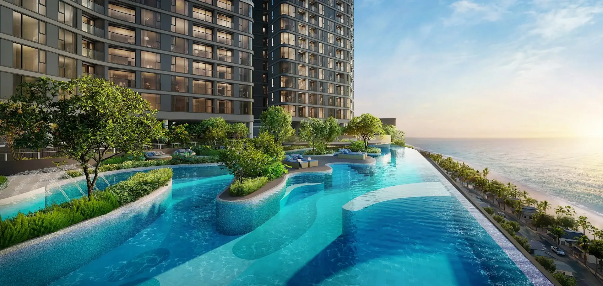 Панорамный бассейн на фоне моря и башен ЖК Aquarous Jomtien Pattaya