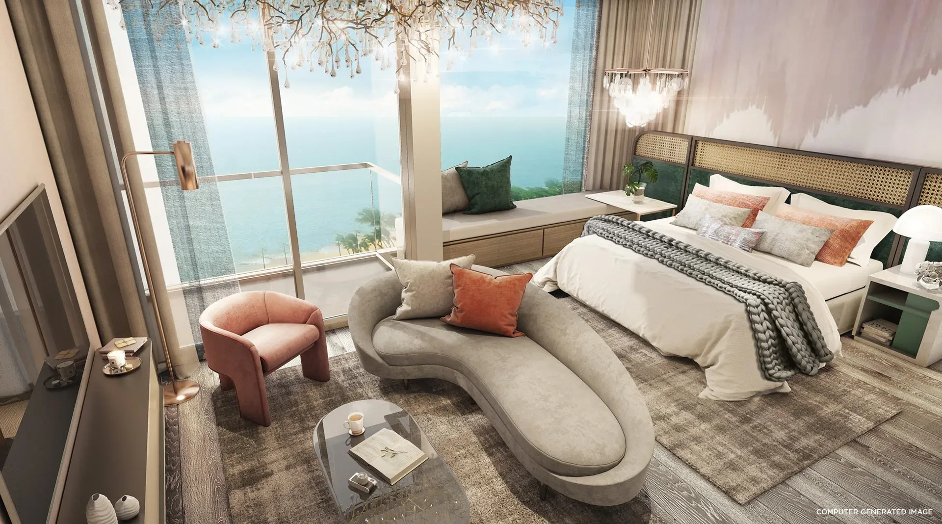 Спальня с видом на море и шезлонгом, отделка ЖК Arom Jomtien Beach