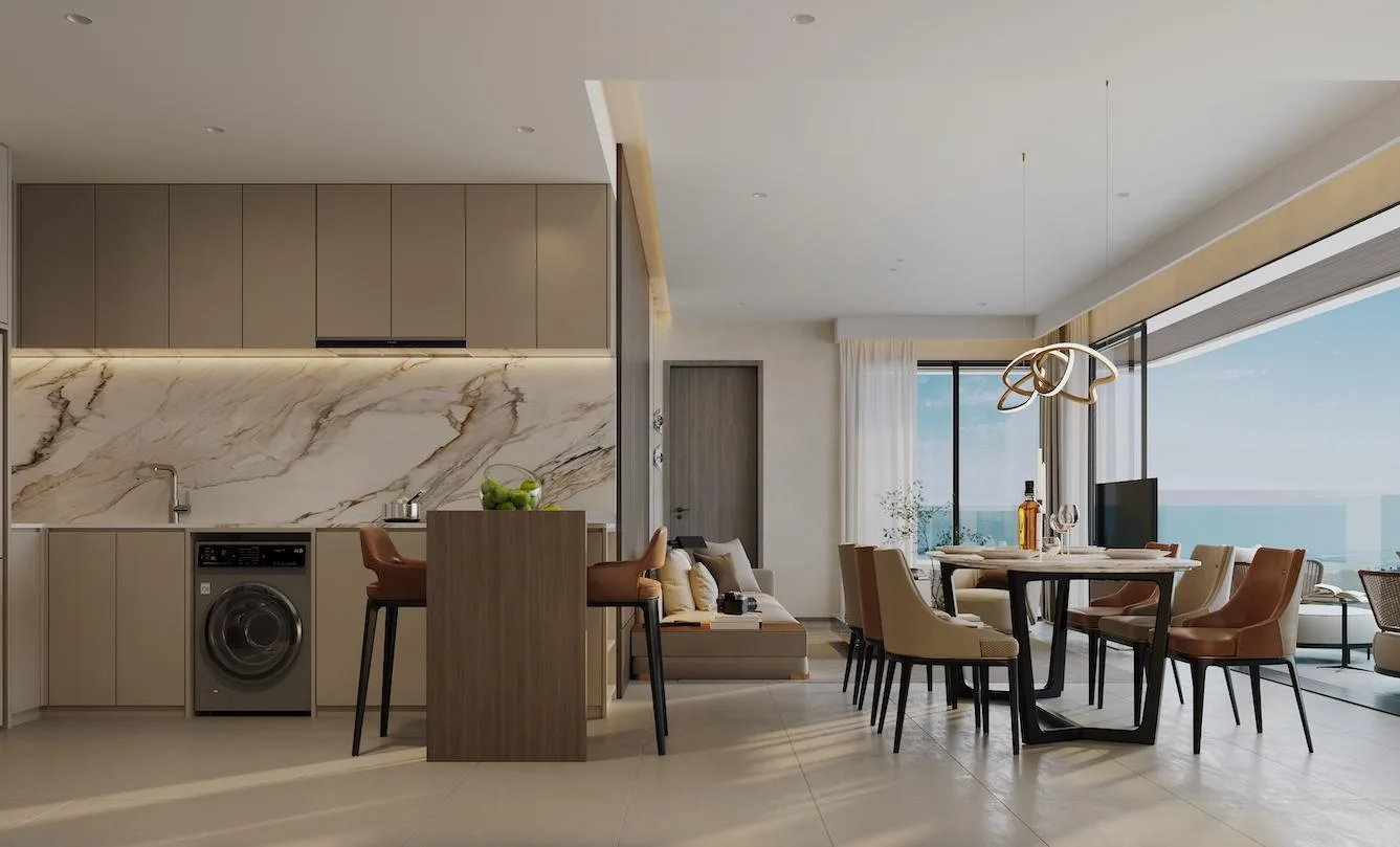 Кухня-гостиная с мраморным фартуком и выходом на балкон в квартире Ayana Heights Seaview Residence, Лаян, Пхукет