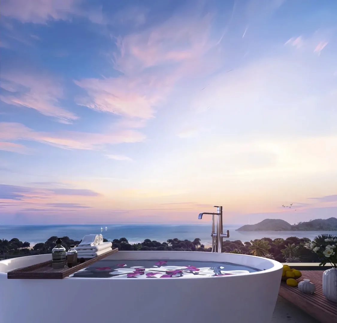 Ванна на открытой террасе с видом на закат и море, Ayana Heights Seaview Residence, Лаян, Пхукет