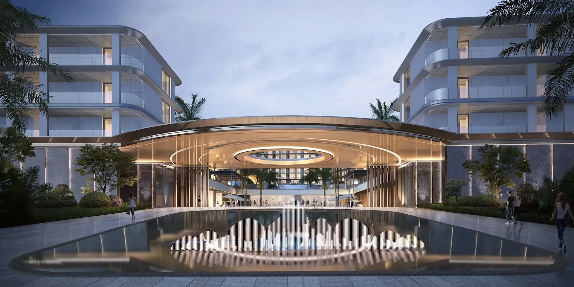 Вечерний вход в лобби с фонтаном и подсветкой, Ayana Heights Seaview Residence, Лаян, Пхукет