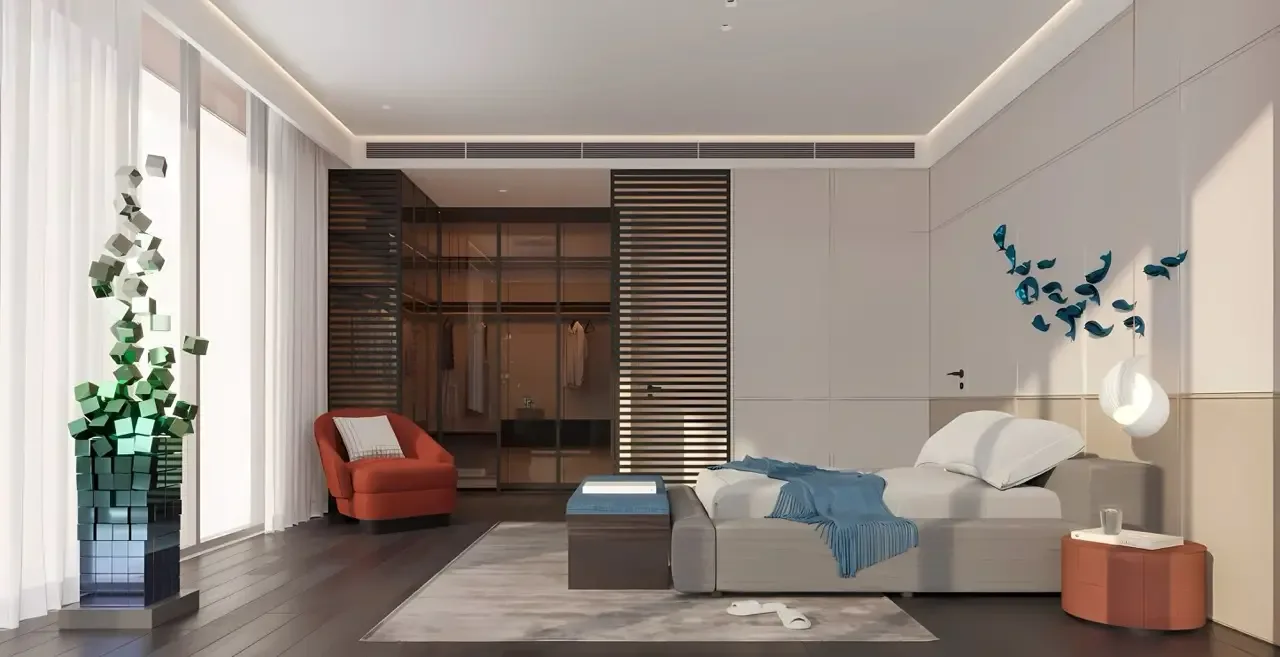 Спальня с гардеробной и высокими окнами, интерьер виллы Ayana Luxury Villas в Таланге, Пхукет