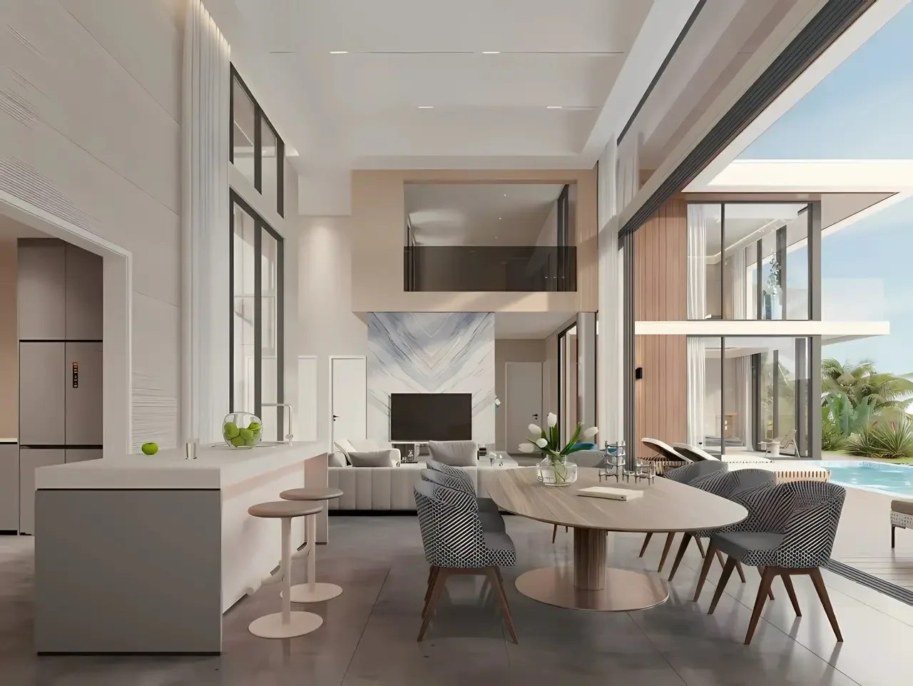 Кухня-столовая с островом и видом на бассейн, вилла Ayana Luxury Villas, Таланг, Пхукет