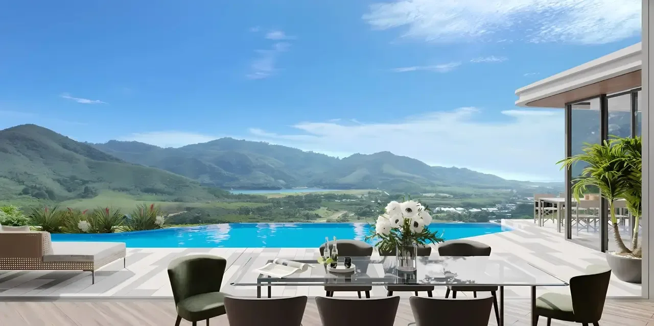 Терраса у бассейна с обеденной зоной и видом на горы, Ayana Luxury Villas, Таланг, Пхукет