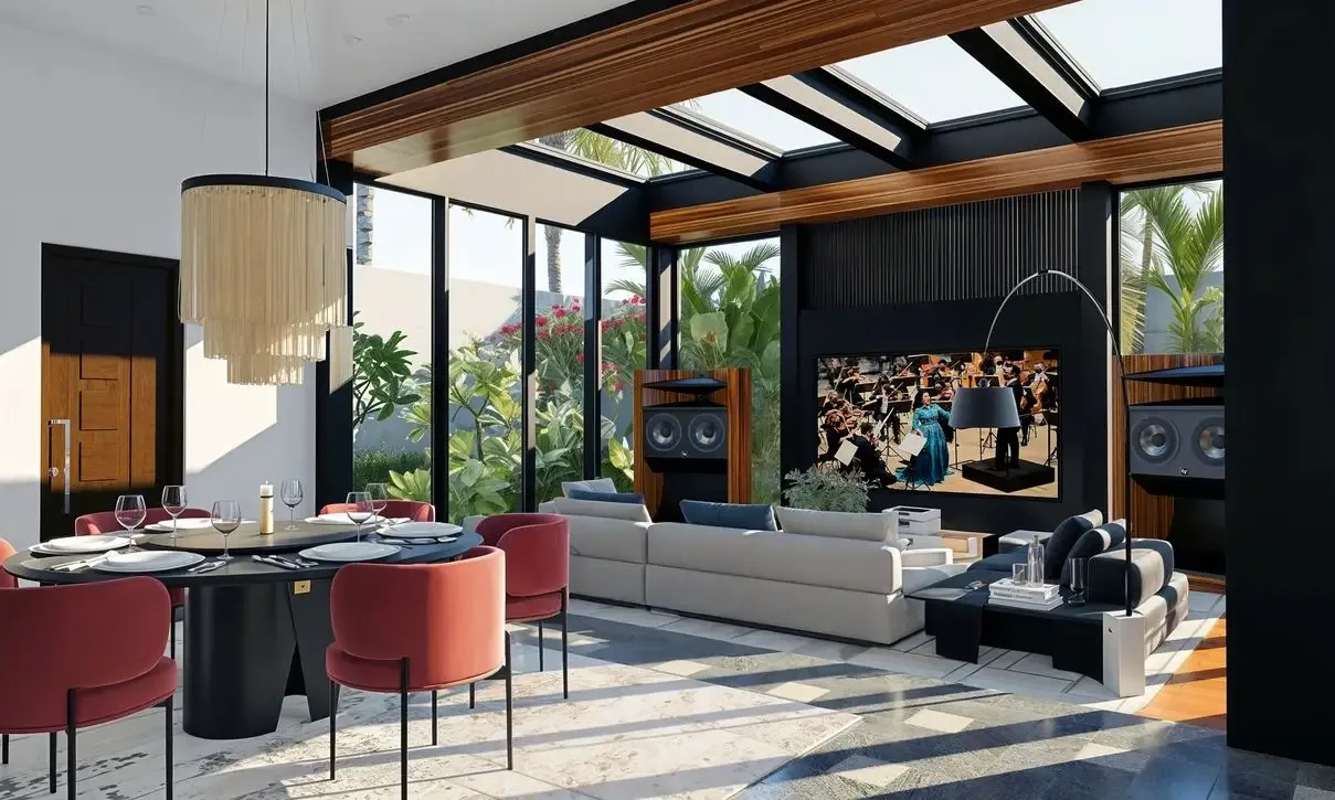 Гостиная-столовая со стеклянной крышей и потолками 3,6 м в вилле Bamboo Luxury Villa, Хуай-Яй, Паттайя