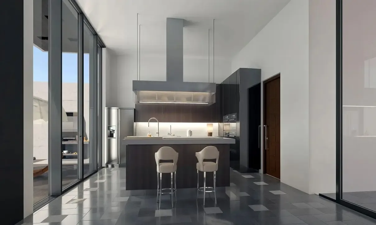 Кухня европейского формата с островом и барными стульями в вилле Bamboo Luxury Villa, Хуай-Яй, Паттайя
