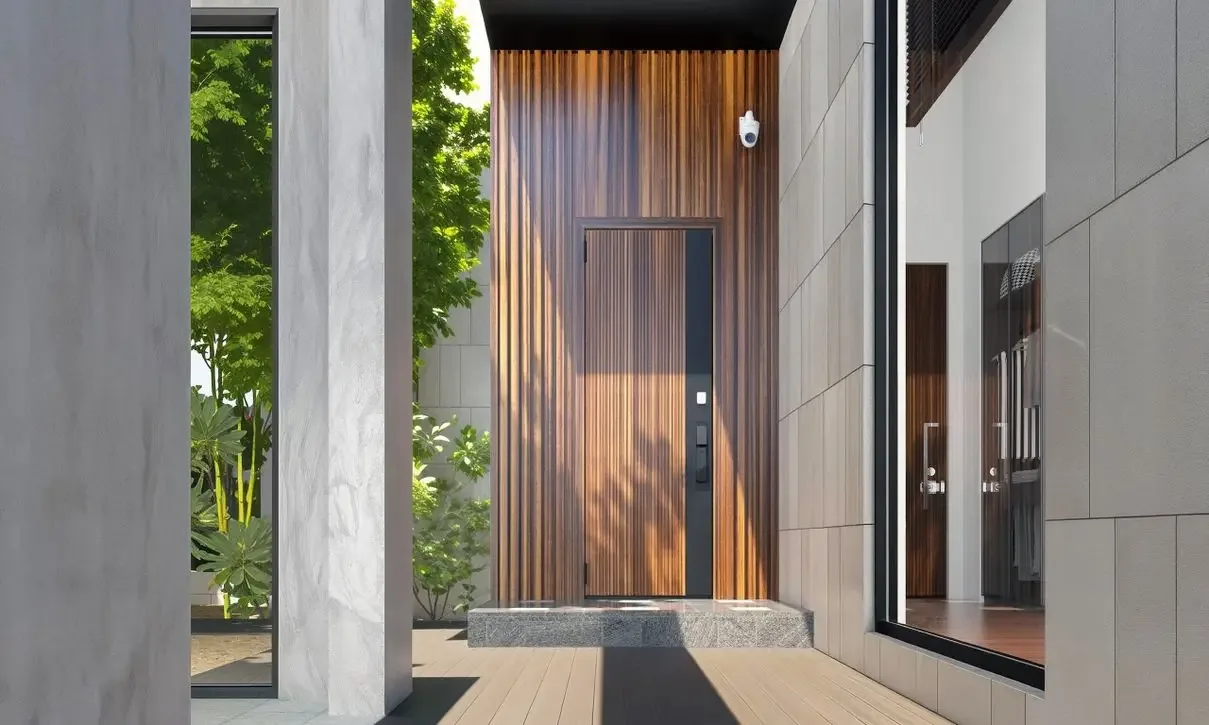 Входная группа с деревянной дверью и панорамным остеклением виллы Bamboo Luxury Villa, Хуай-Яй, Паттайя