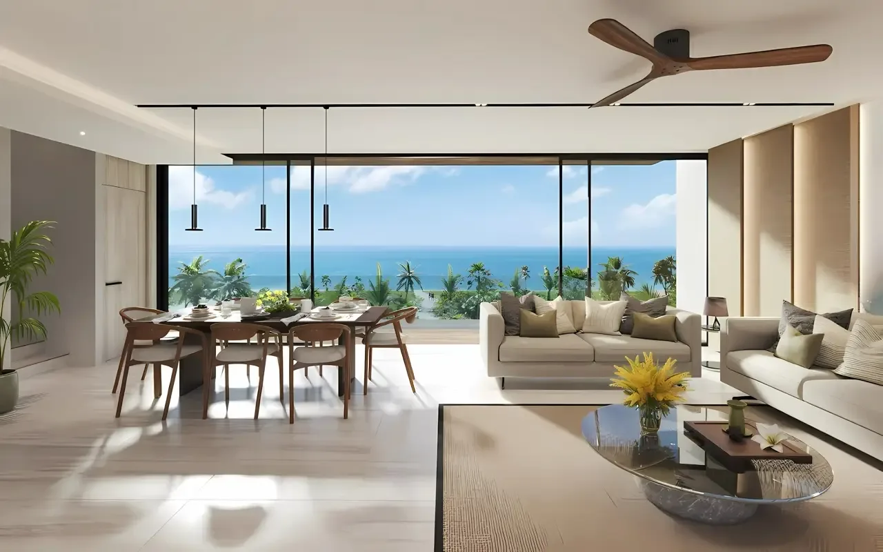 Гостиная-столовая с панорамным остеклением и видом на море в доме Banyan Tree Grand Residence, Банг-Тао, Пхукет