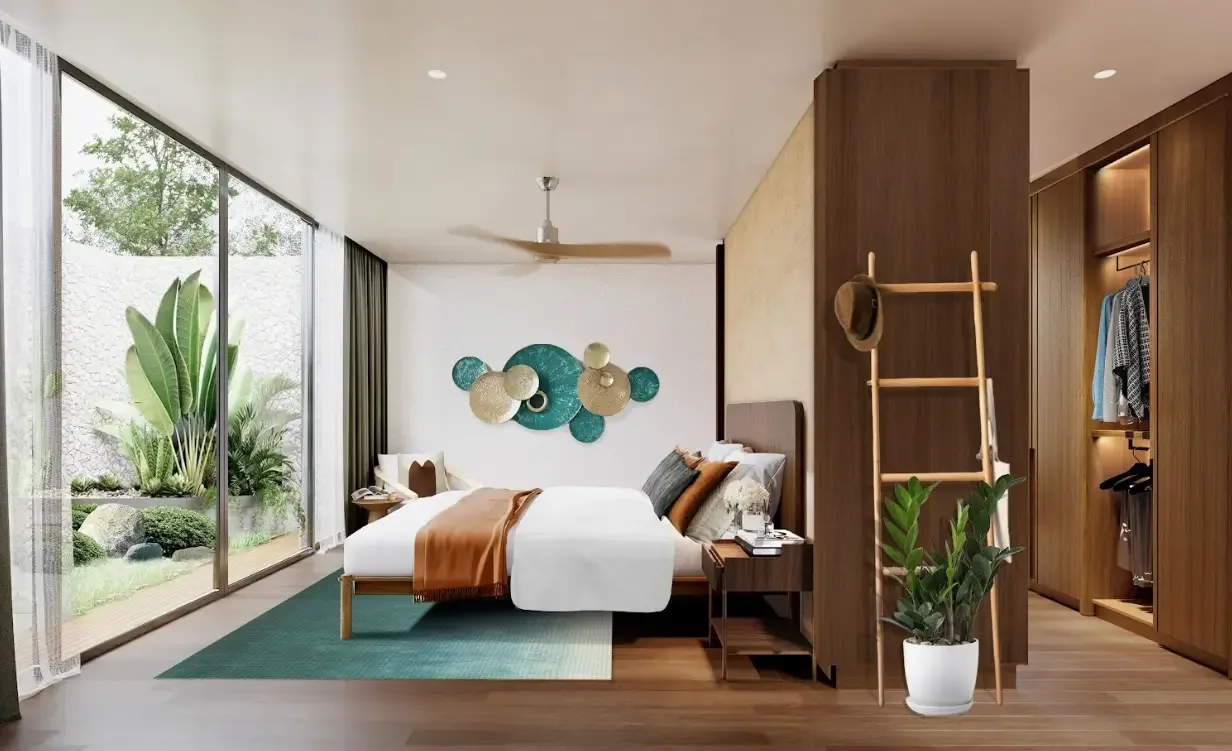 Спальня с деревянным полом и выходом в приватный садик, Banyan Tree Grand Residence, Банг-Тао, Пхукет