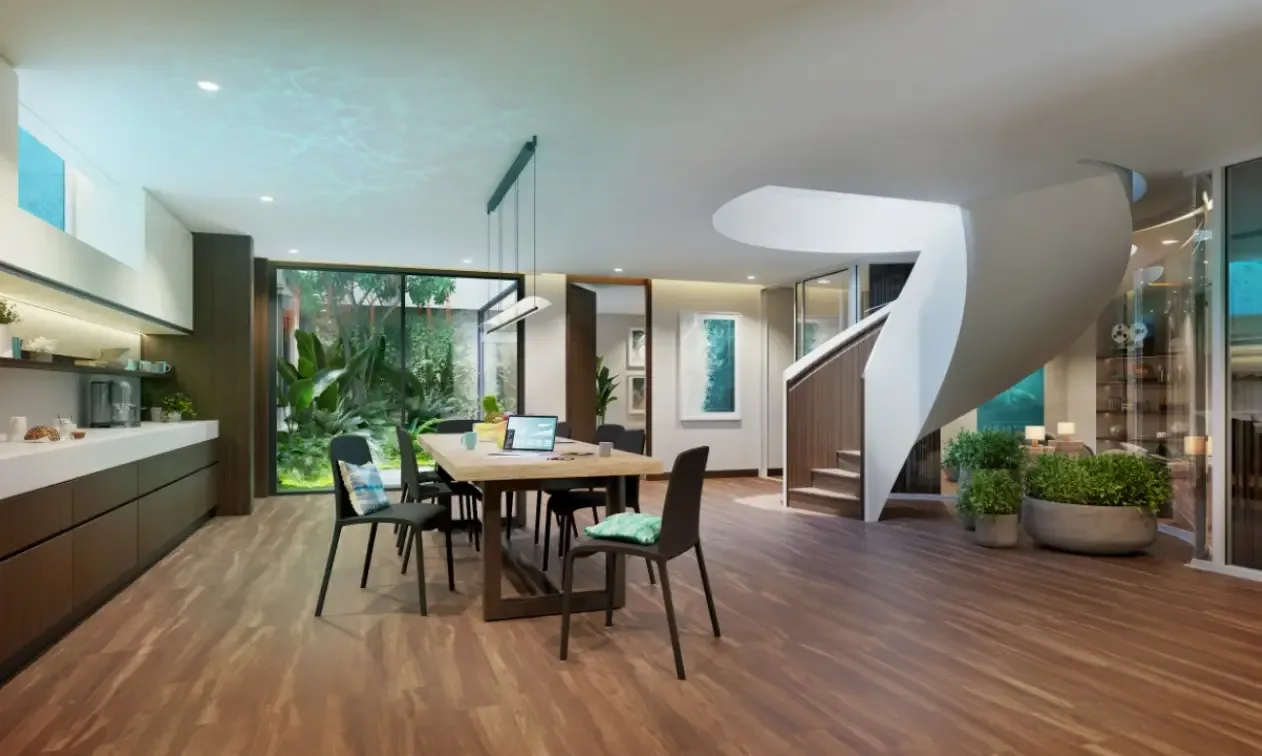 Кухня с обеденной зоной и скульптурной лестницей в резиденции Banyan Tree Grand Residence, Банг-Тао, Пхукет