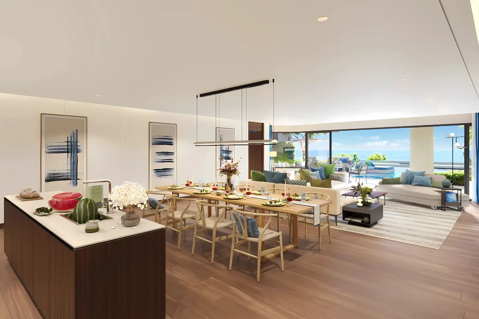 Кухня с островом и обеденной зоной в апартаментах Banyan Tree Seaview Residence, Банг-Тао, Пхукет