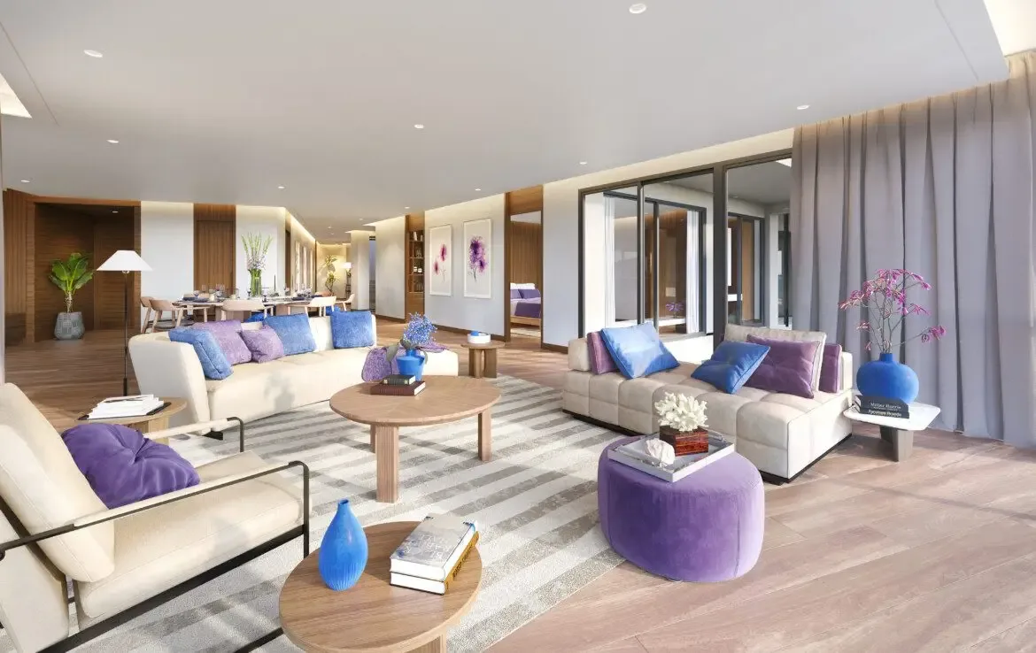 Просторная гостиная с мягкой мебелью и выходом на террасу, Banyan Tree Seaview Residence, Банг-Тао