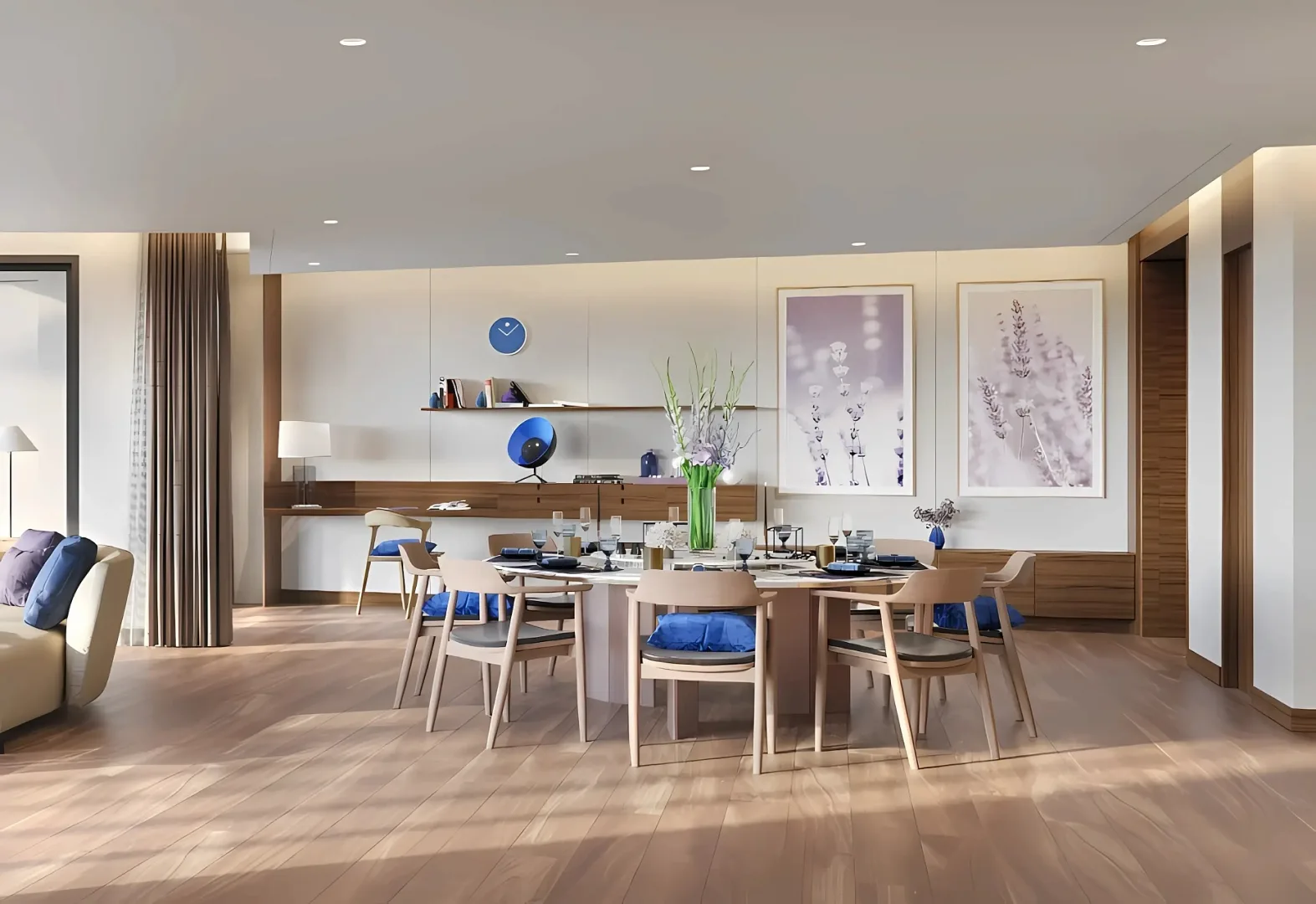 Столовая зона и кухонный гарнитур в светлых тонах, интерьер Banyan Tree Seaview Residence, Пхукет