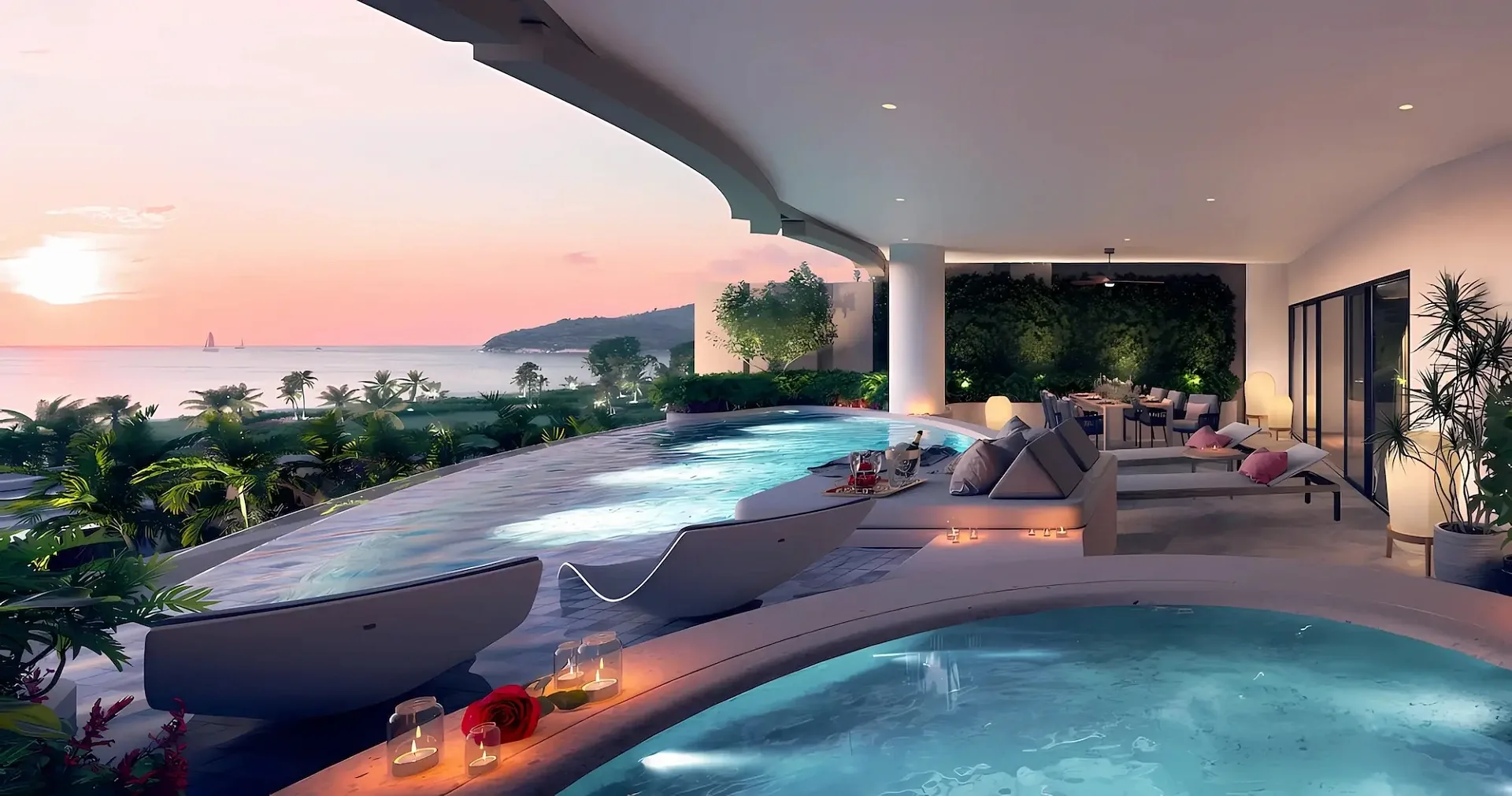 Терраса с гидромассажным бассейном и лаунжем у квартиры Banyan Tree Seaview Residence, Банг-Тао, Пхукет