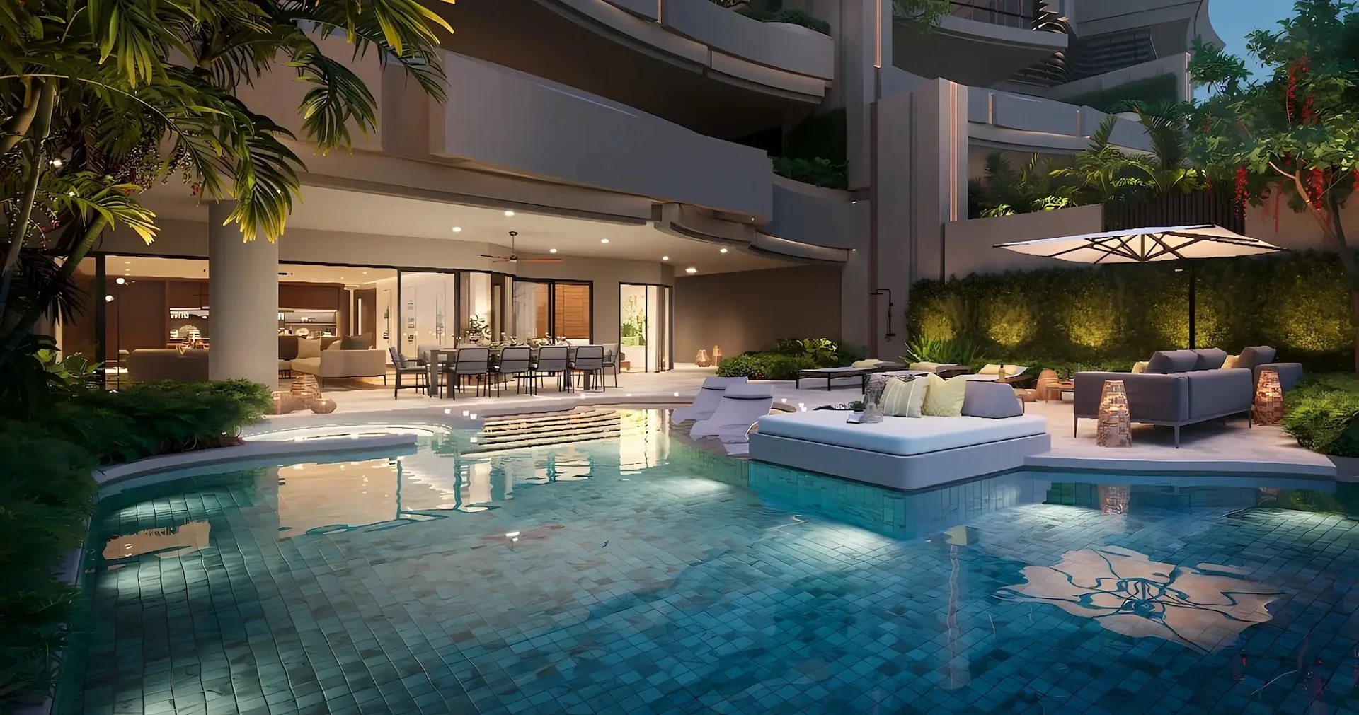Вечерняя подсветка бассейна и лаунж-террасы в Banyan Tree Seaview Residence, Банг-Тао, Пхукет