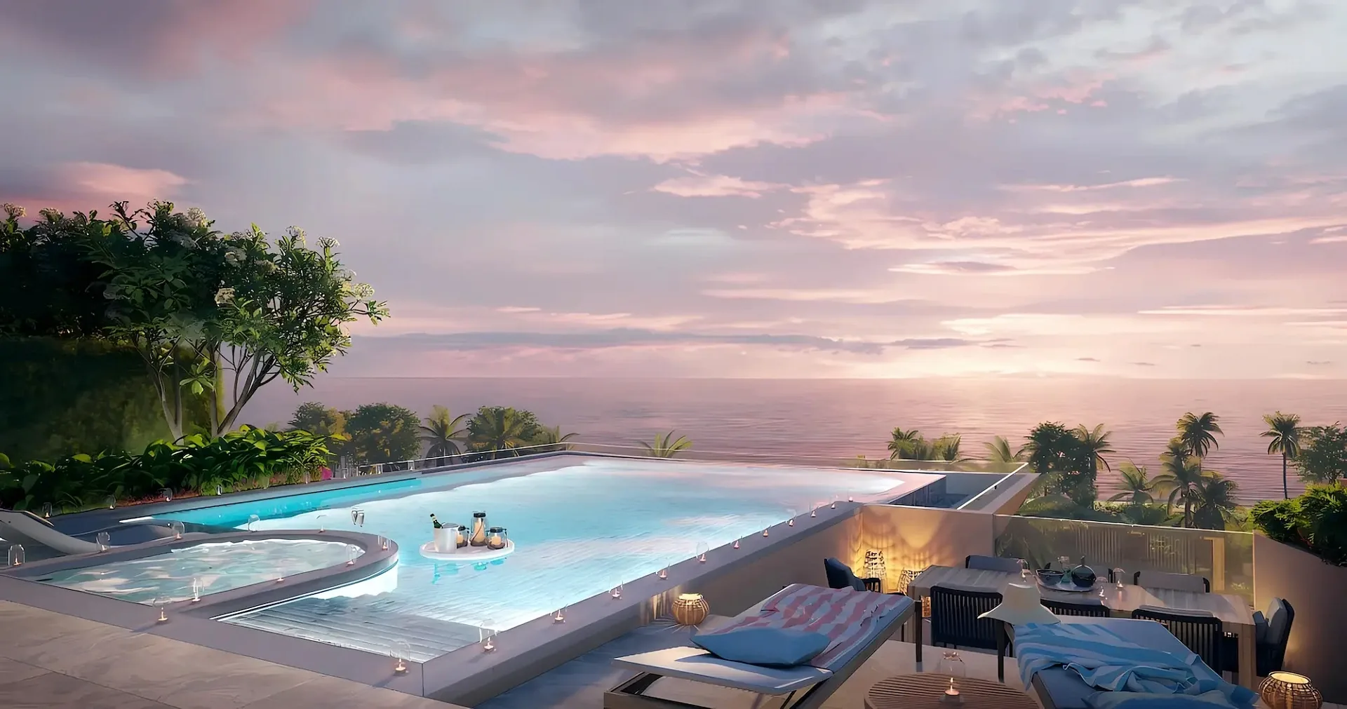 Панорамный бассейн на террасе резиденции Banyan Tree Seaview Residence в закатном свете, Банг-Тао, Пхукет