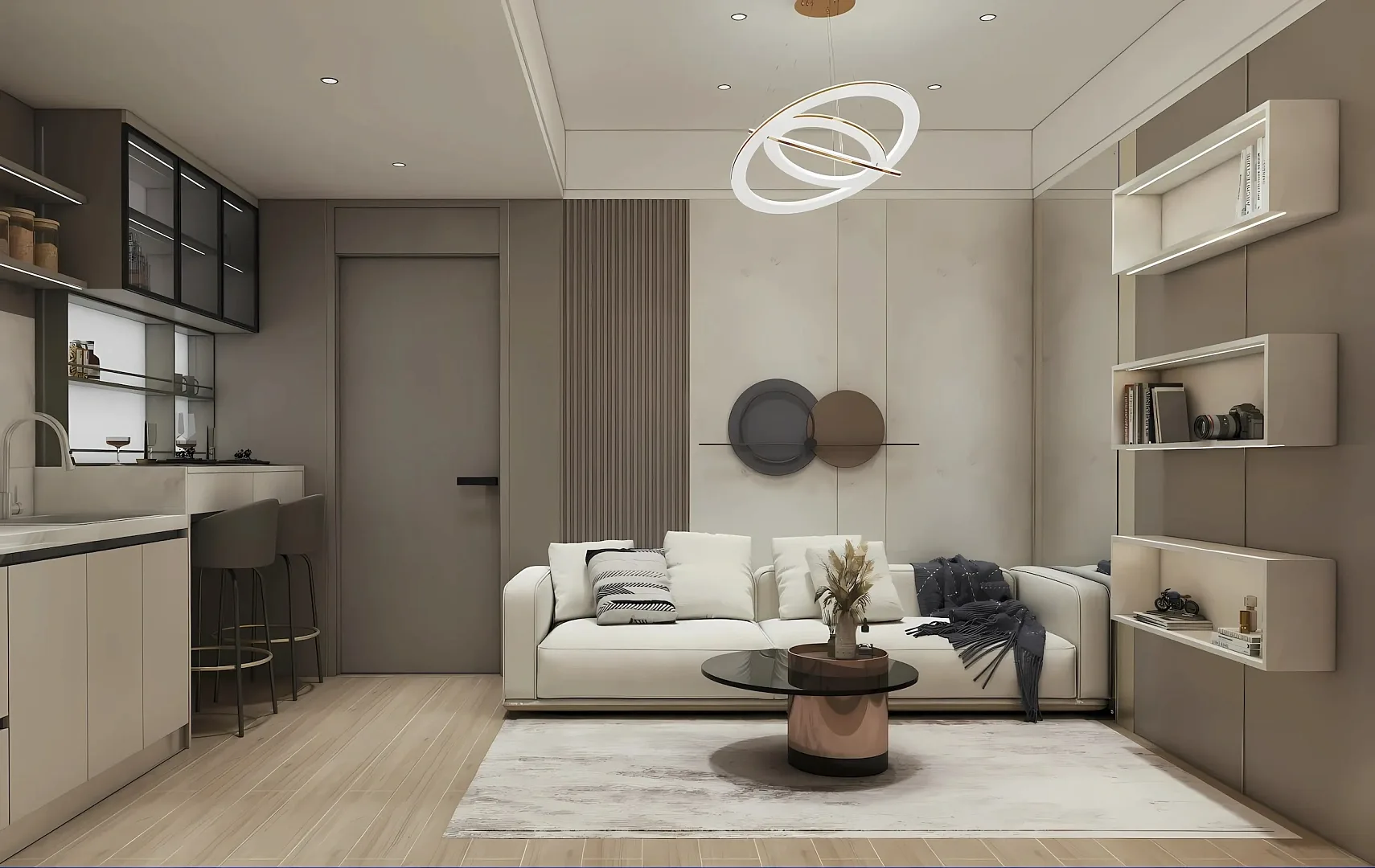 Гостиная с диваном и кухонной зоной в квартире с 1 спальней, Capri Residence, Банг-Тао, Пхукет
