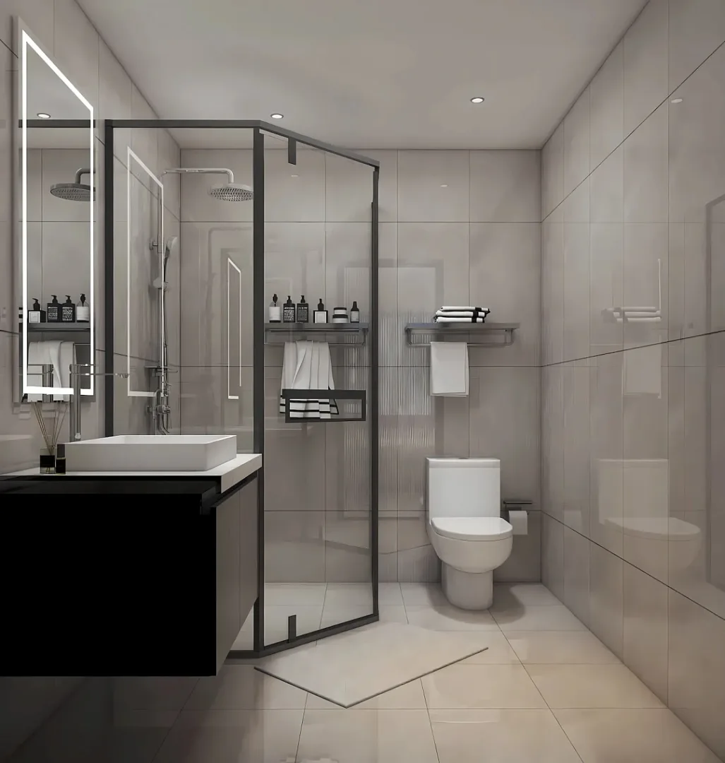 Ванная комната с душевой кабиной и плиткой в квартире Capri Residence, Банг-Тао, Пхукет