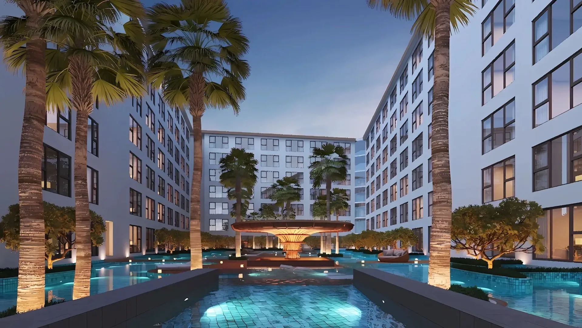 Бассейн с пальмами во внутреннем дворе между корпусами Capri Residence, Банг-Тао, Пхукет
