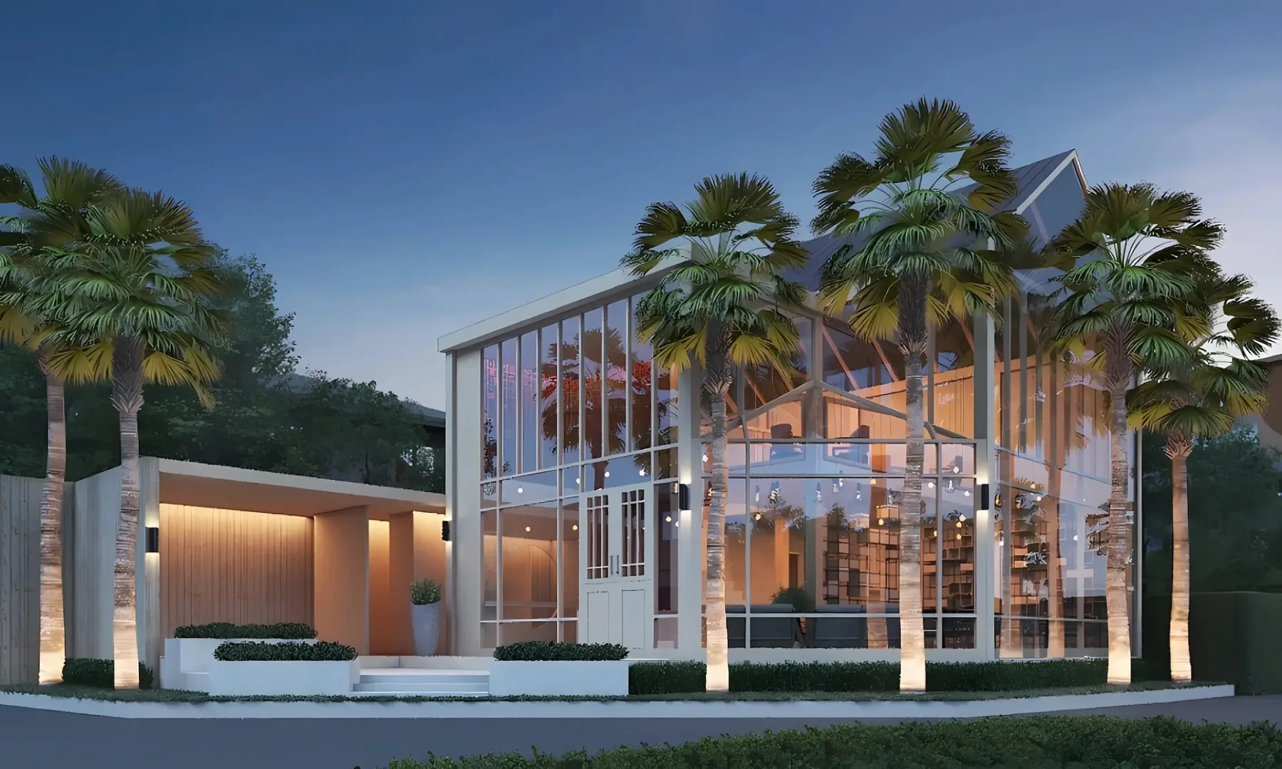Стеклянный павильон входной группы среди пальм в Capri Residence, Банг-Тао, Пхукет