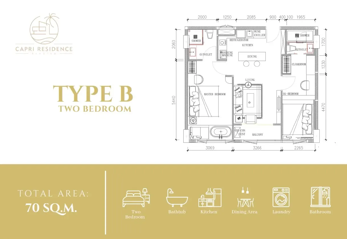 Планировка «2 спальни (типы A и B)», Capri Residence