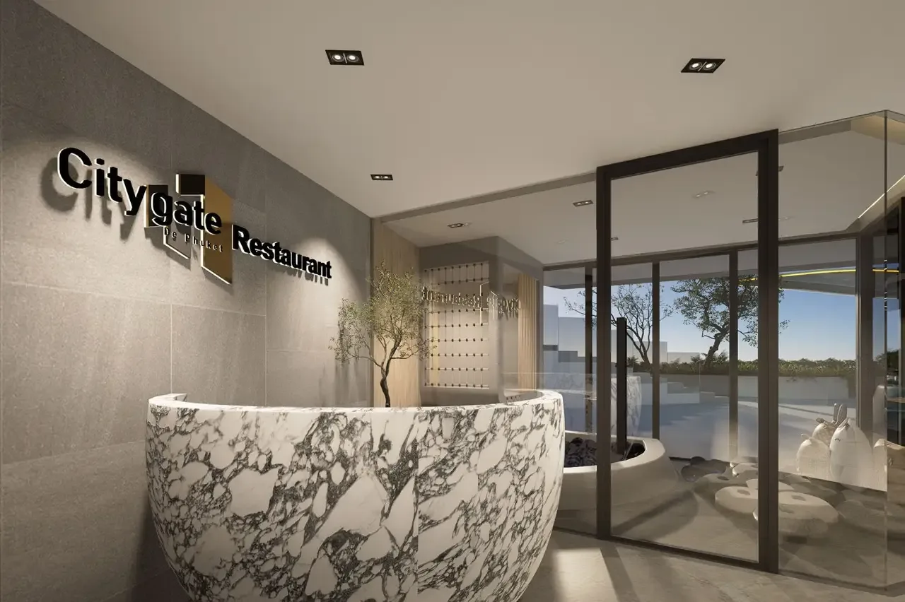 Ресепшен и лобби кондоминиума CityGate De Phuket с мраморной стойкой, Камала, Пхукет