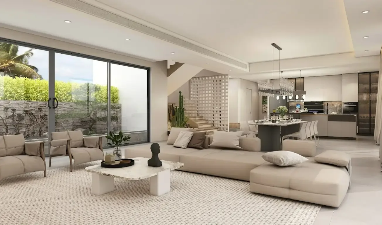 Гостиная с угловым диваном и выходом на террасу в вилле Clover Residence, Банг-Тао, Пхукет