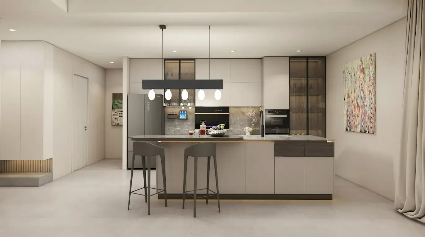 Кухня с островом, барными стульями и встроенной техникой в вилле Clover Residence, Пхукет