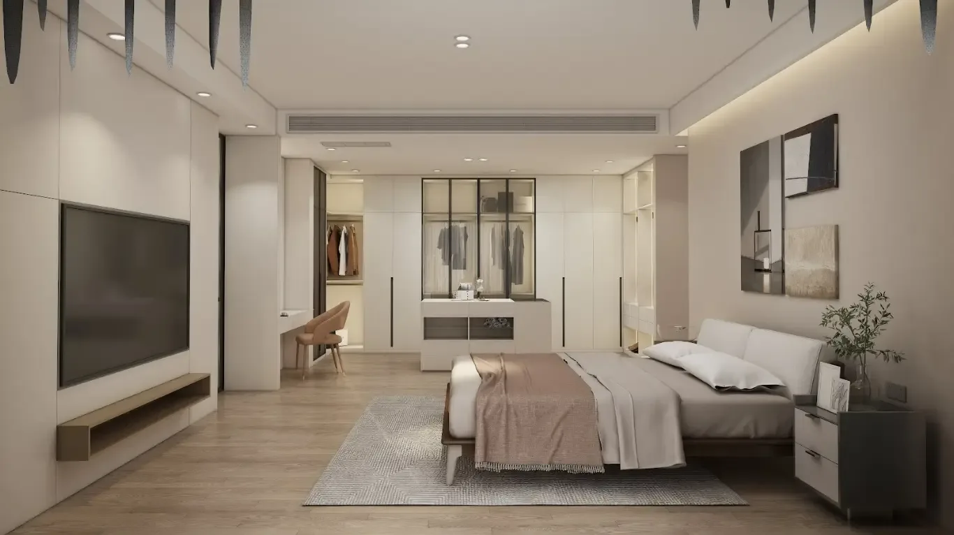 Спальня с гардеробной и телевизионной стеной в вилле Clover Residence на Банг-Тао