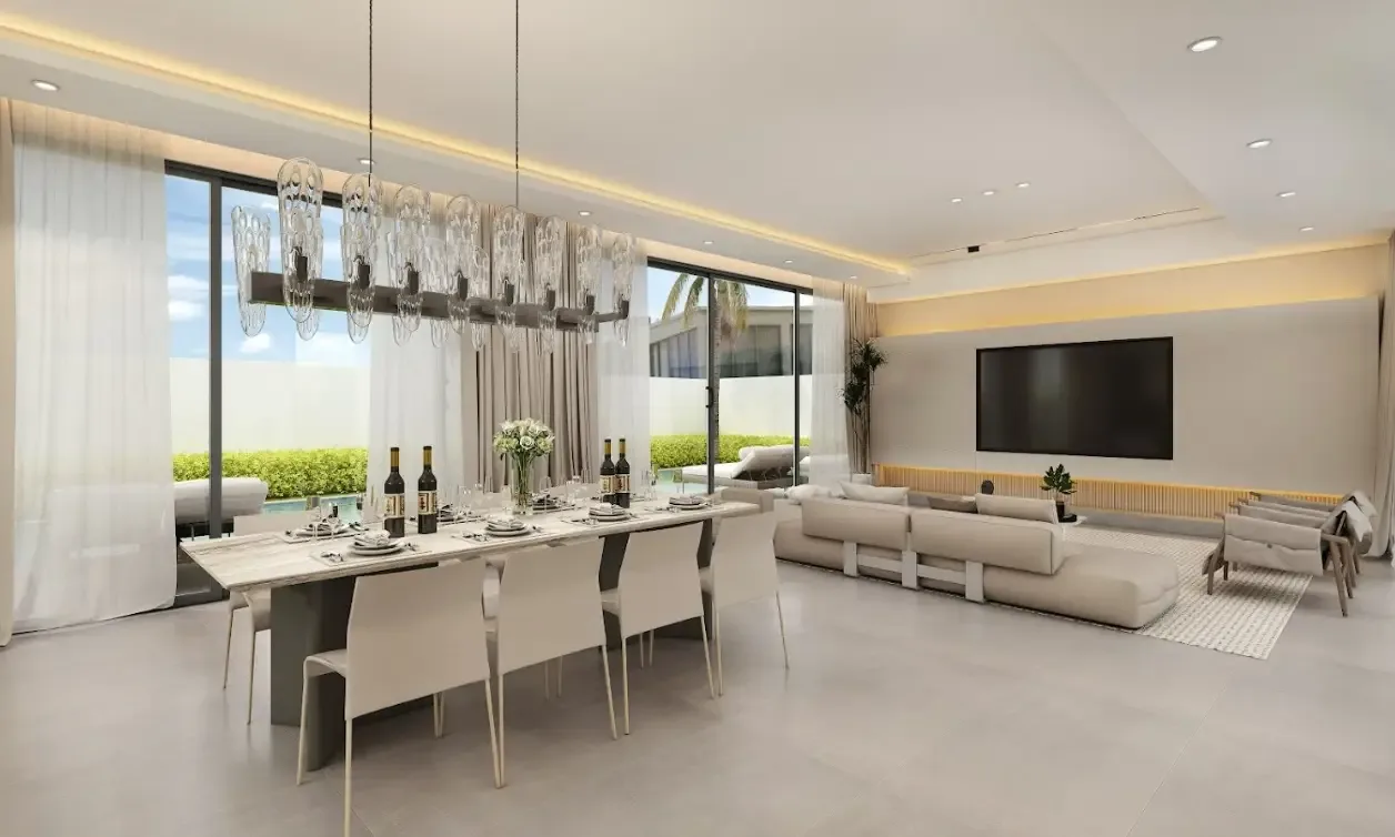 Столовая с панорамными окнами и дизайнерской люстрой, вилла Clover Residence, Пхукет