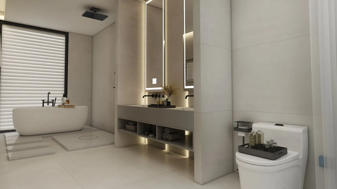 Ванная комната с отдельно стоящей ванной и двойной раковиной, Clover Residence, Банг-Тао