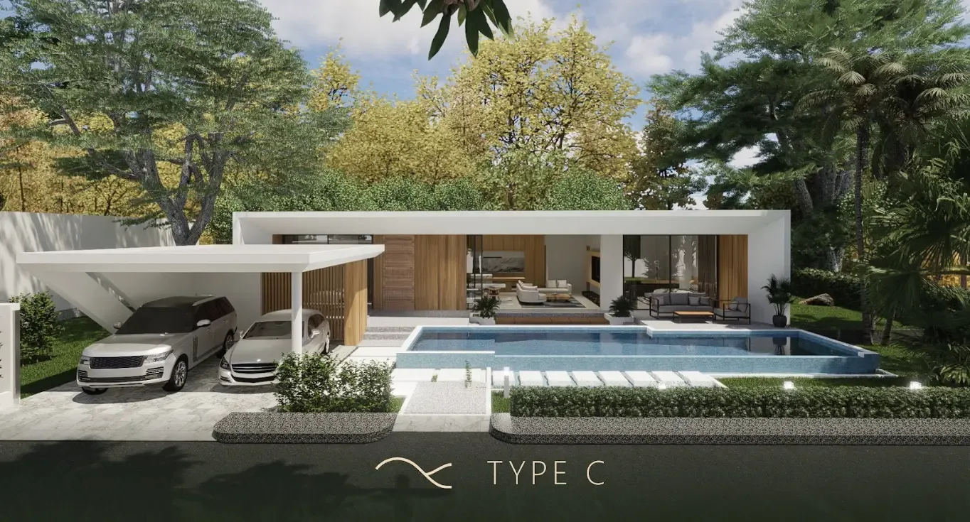 Рендер виллы Type C с парковкой и частным бассейном среди пальм, Clover Residence, Банг-Тао