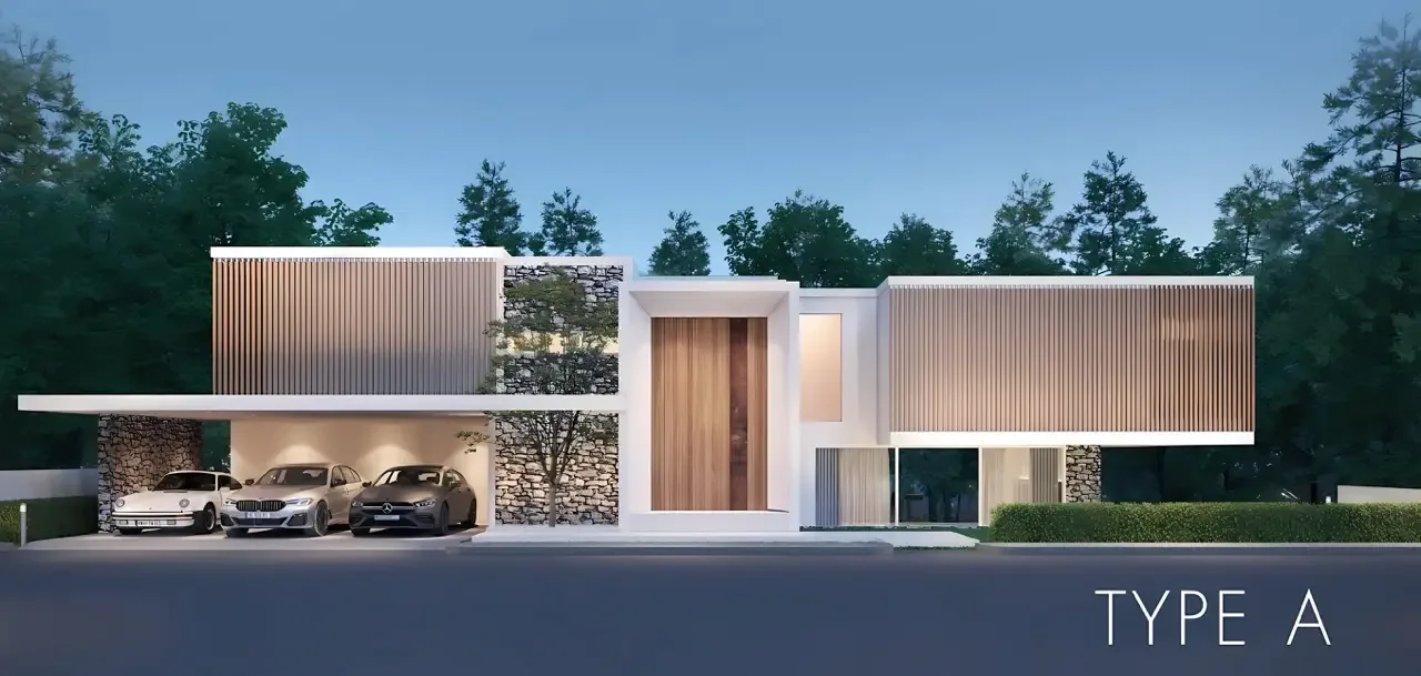 Фасад виллы Type A с деревянными ламелями и каменной кладкой, Clover Residence, Пхукет
