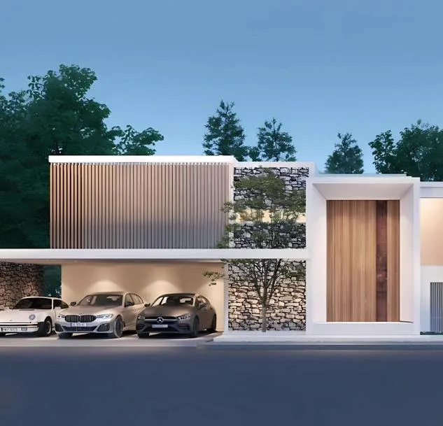 Вечерний вид на вход и гараж виллы Clover Residence на Банг-Тао, Пхукет