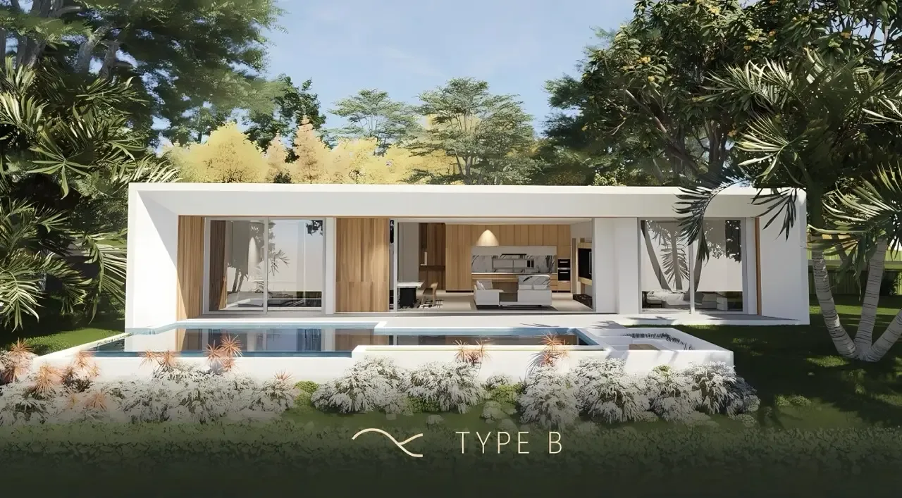 Вилла Type B со стеклянным фасадом и бассейном в саду, посёлок Clover Residence, Пхукет